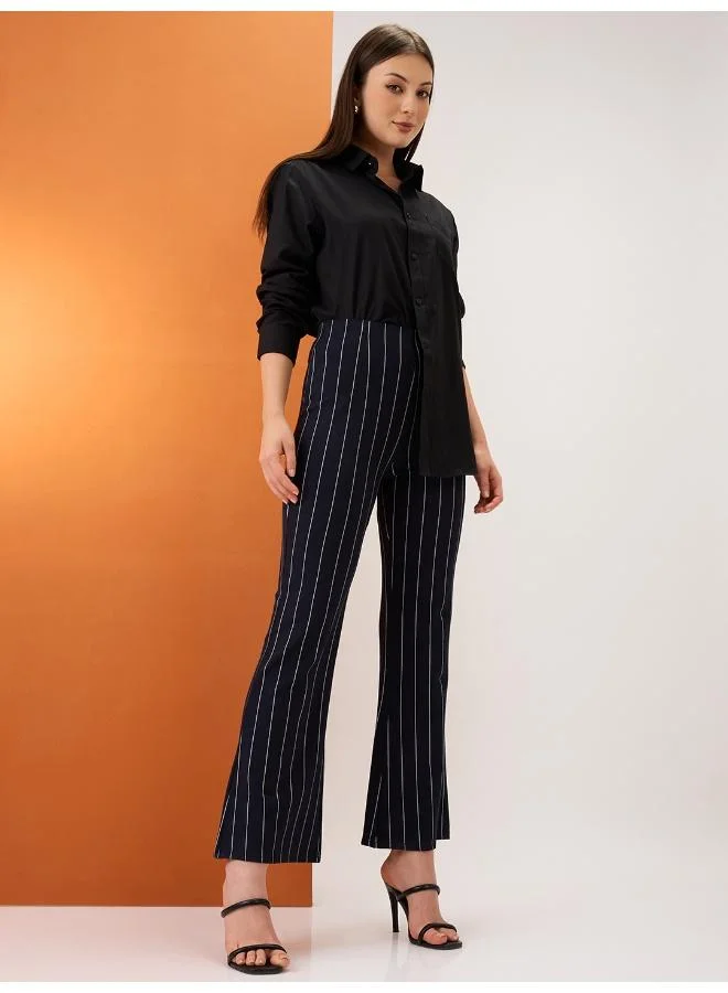 globus Globus Women Navy Striped Mid-Rise Stretchable Bootcut Trousers